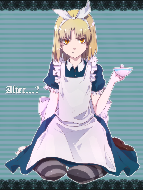 1boy, alice's_adventures_in_wonderland, alice_(alice_in_wonderland), alice_(alice_in_wonderland)_(cosplay), apron, bad_id, bad_pixiv_id, blonde_hair, bow, cosplay, crossdressing, crossdressing_(mtf), cup, dress, hair_bow, hairband, kara_no_kyoukai, male_focus, pantyhose, puffy_sleeves, ribbon, shirazumi_lio, shirotsume_kusa_(sayern), short_hair, sitting, smile, solo, striped_background, striped_clothes, striped_pantyhose, teacup, thighhighs, trap, yellow_eyes