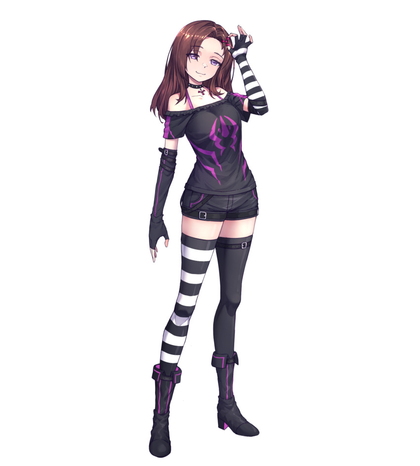 1girl, absurdres, asymmetrical_gloves, asymmetrical_legwear, bare_shoulders, belt, boots, bra_strap, breasts, brown_hair, choker, commission, commissioner_upload, digital_hazard, dusk_(wayanfa), elbow_gloves, fingerless_gloves, full_body, gloves, hair_ornament, hairclip, high_heel_boots, high_heels, highres, jewelry, kiauwrenn, long_hair, looking_at_viewer, multiple_belts, non-web_source, off_shoulder, original, pendant, pendant_choker, pink_eyes, shirt, short_sleeves, shorts, small_breasts, smug, t-shirt, thigh_strap, thighhighs, thighs, transparent_background