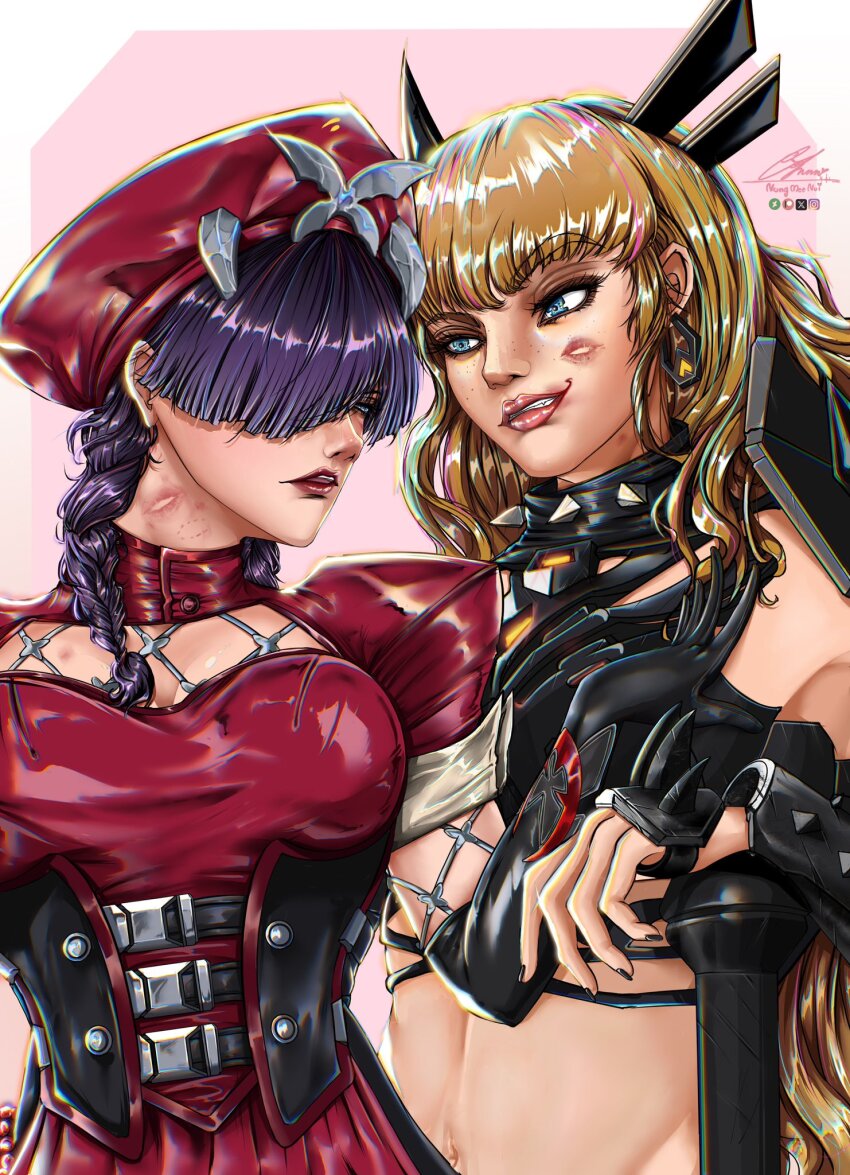 black_gloves, black_hair, blonde_hair, blue_eyes, braid, breasts, bug, butterfly, dress, elbow_gloves, gloves, hair_over_one_eye, hat, highres, insect, large_breasts, long_hair, magik_(x-men), marvel, marvel_rivals, nungmeenui, official_alternate_costume, psylocke, psylocke_(blood_kariudo), red_dress, red_hat, short_sleeves, smile, thighhighs, twin_braids, x-men, yuri