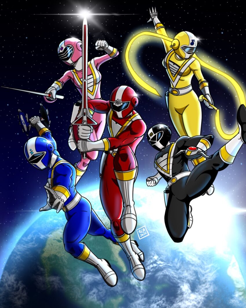 2girls, 3boys, black_bodysuit, black_helmet, blue_bodysuit, blue_helmet, bodysuit, boots, chikyuu_sentai_fiveman, clenched_hand, commentary, dated, earth_(planet), english_commentary, five_black, five_blue, five_pink, five_red, five_yellow, floating, flying_kick, gloves, gun, helmet, highres, holding, holding_gun, holding_sword, holding_weapon, holding_whip, kicking, lens_flare, multiple_boys, multiple_girls, pink_bodysuit, pink_helmet, planet, red_bodysuit, red_helmet, robert_c_amaya, signature, space, star_(sky), super_sentai, sword, tokusatsu, weapon, white_boots, white_gloves, yellow_bodysuit, yellow_helmet