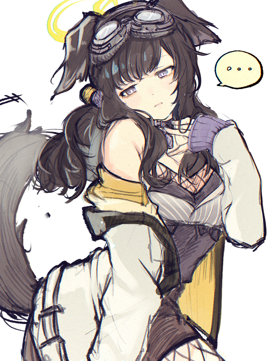 ..., 1girl, animal_ears, bare_shoulders, black_dress, black_hair, blue_archive, blunt_bangs