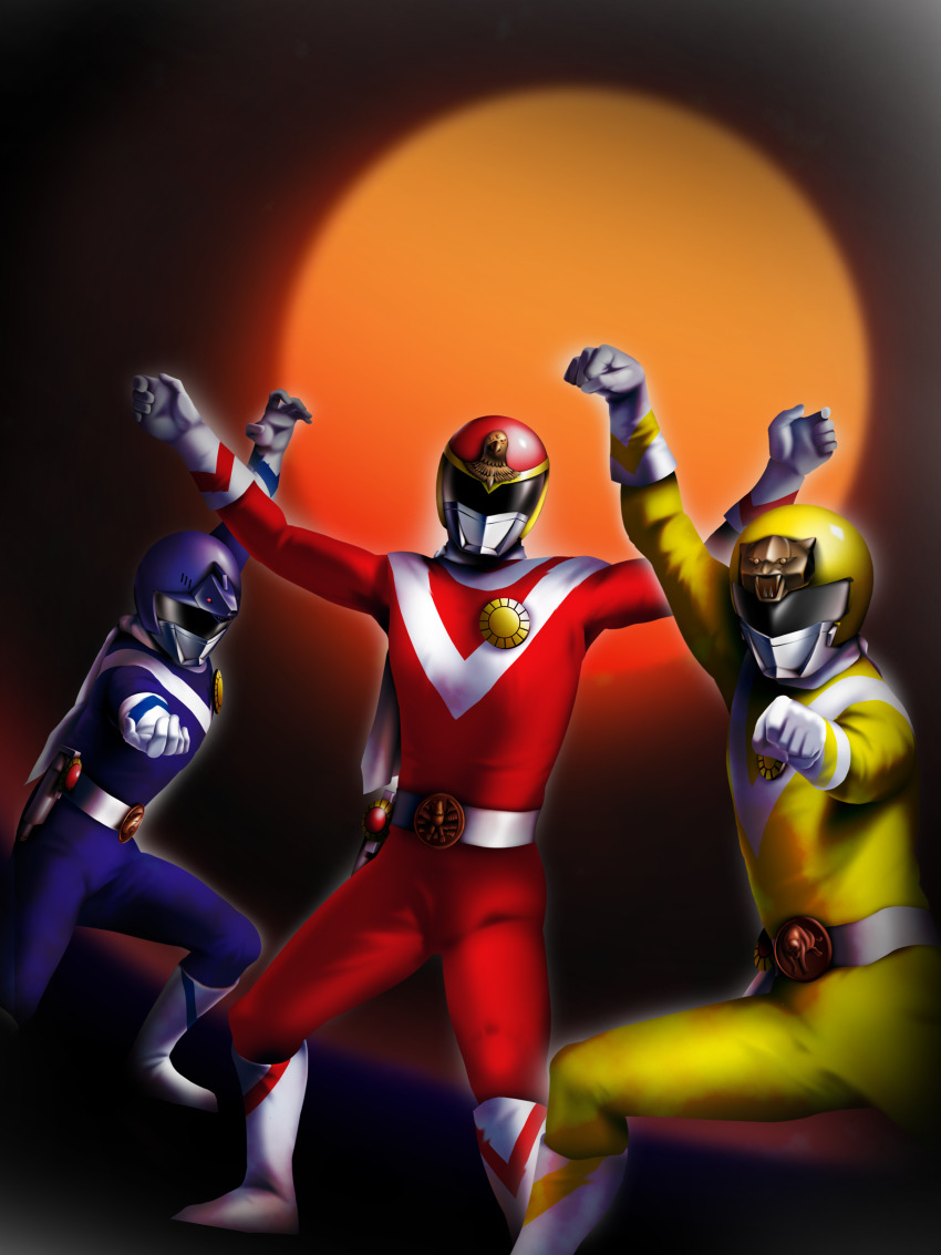 3boys, absurdres, arm_up, arms_up, badge, belt, belt_buckle, blue_bodysuit