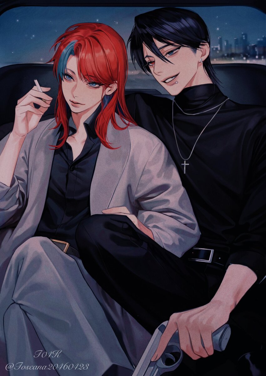 1boy, 1girl, belt, black_belt, black_hair, black_shirt, black_sweater, blue_eyes