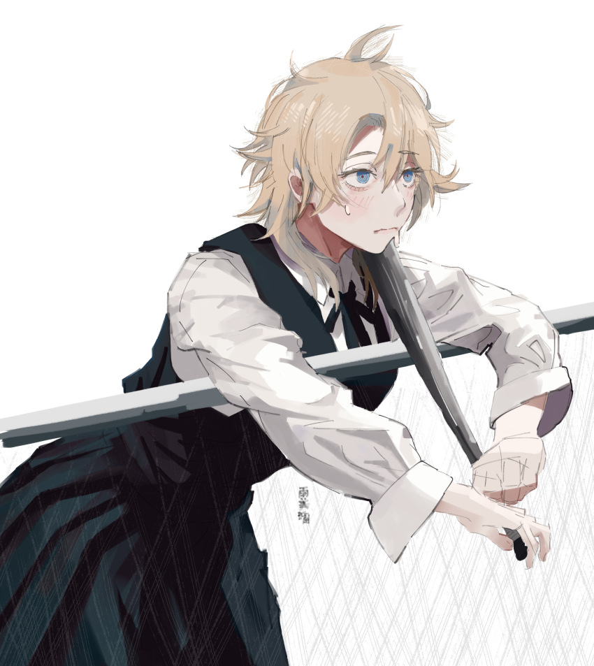 1girl, absurdres, baseball_bat, blonde_hair, blue_eyes, bukito, chain-link_fence, chainsaw_man