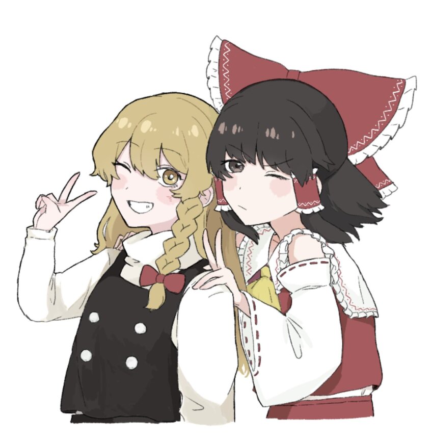 2girls, ascot, black_vest, blonde_hair, blush, bow, braid, closed_mouth