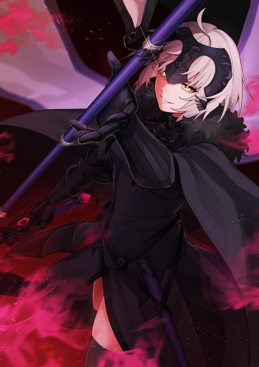 1girl, absurdres, ahoge, armor, armored_dress, black_armor, black_cape, black_dress