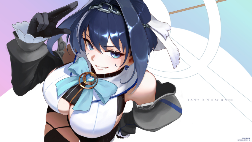 1girl, black_gloves, black_sleeves, blue_eyes, blue_hair, blue_ribbon, bow, bow_earrings