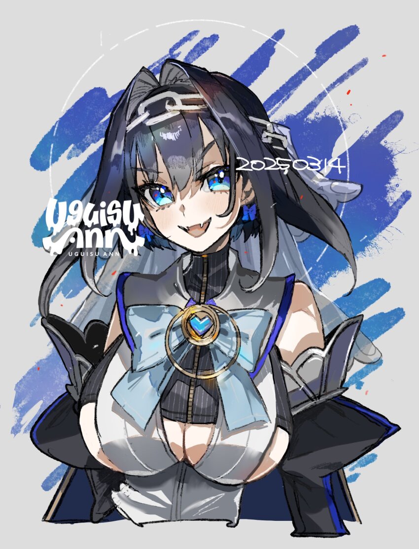 1girl, black_hair, black_sleeves, blue_eyes, bow, bow_earrings, breasts, chain