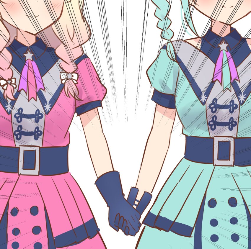 2girls, aqua_hair, aqua_jacket, aqua_skirt, blonde_hair, blue_gloves, blue_shirt, blush