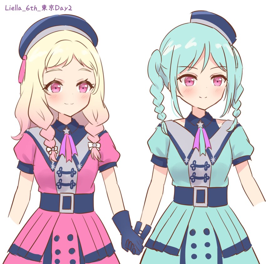 2girls, :3, absurdres, aqua_hair, aqua_jacket, aqua_skirt, blonde_hair, blue_gloves