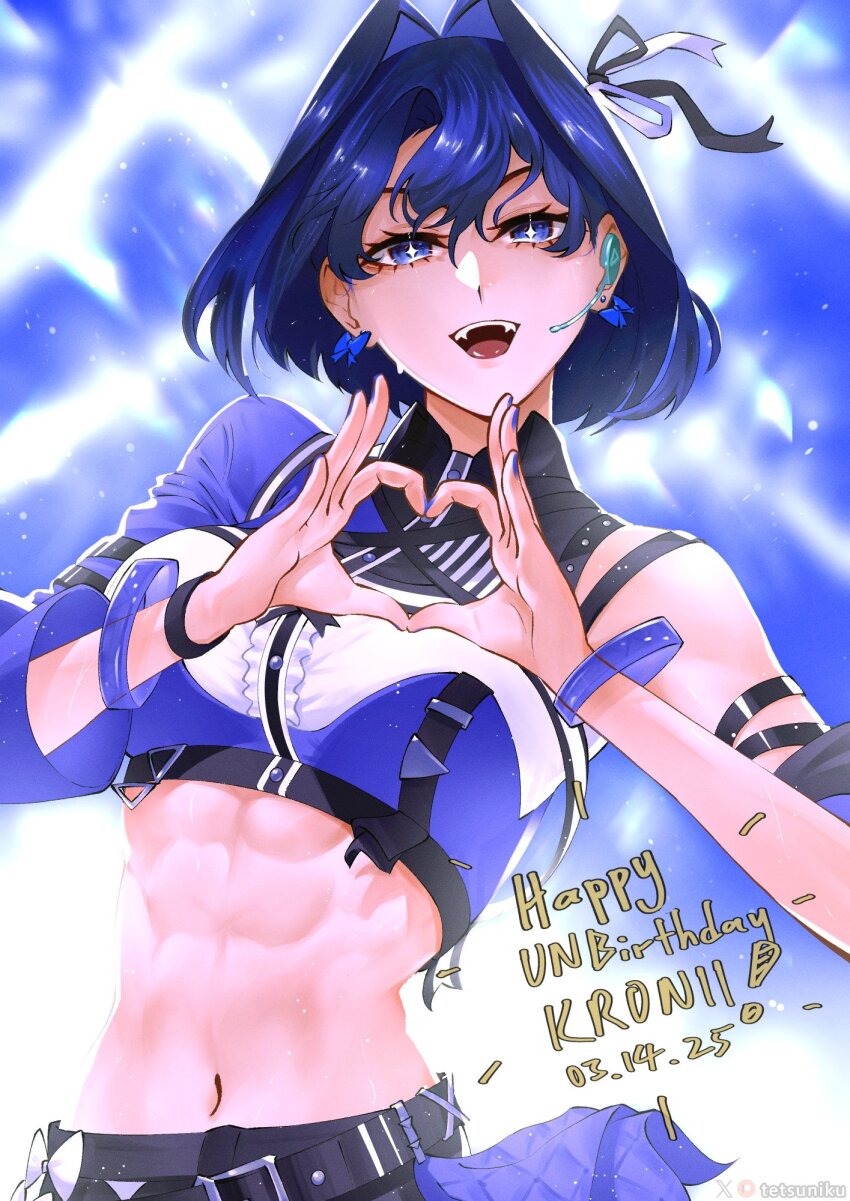 +_+, 1girl, abs, black_shirt, blue_eyes, blue_hair, blue_nails, blue_shirt