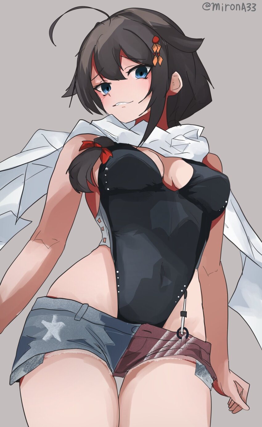 1girl, ahoge, american_flag, american_flag_print, american_flag_skirt, blue_eyes, braid, commentary_request