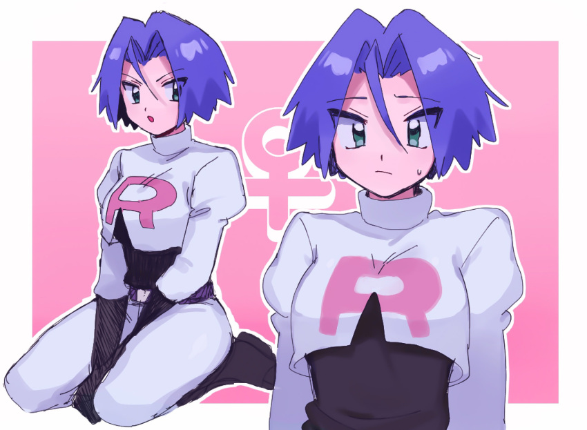 ameya_(okemu_ame), blue_hair, crop_top, genderswap, genderswap_(mtf), green_eyes, highres, james_(pokemon)