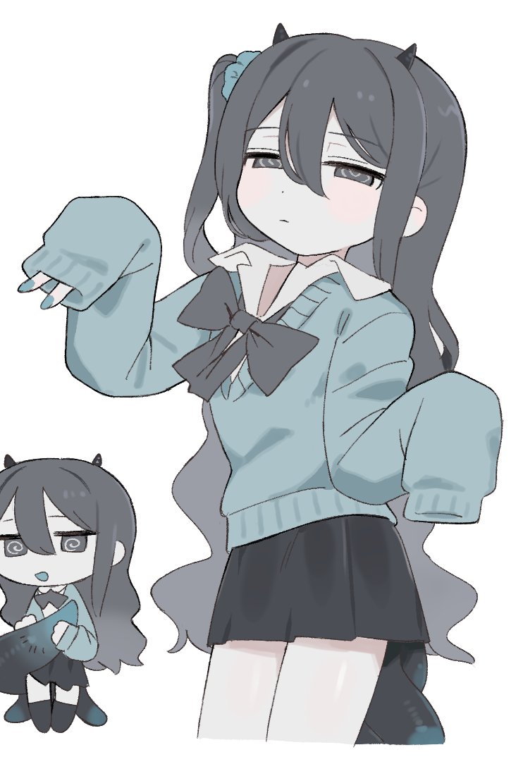 1girl, @_@, black_bow, black_bowtie, black_eyes, black_hair, black_skirt, blue_sweater