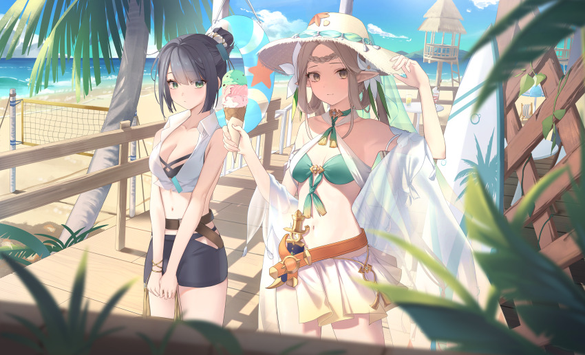 2girls, aekun_cben, alexa_(epic_seven), bare_shoulders, beach, belt, bikini, black_bikini