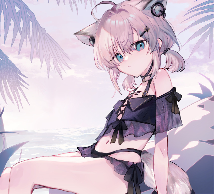 1girl, ahoge, animal_ears, arknights, bikini, black_bikini, blue_eyes, commentary