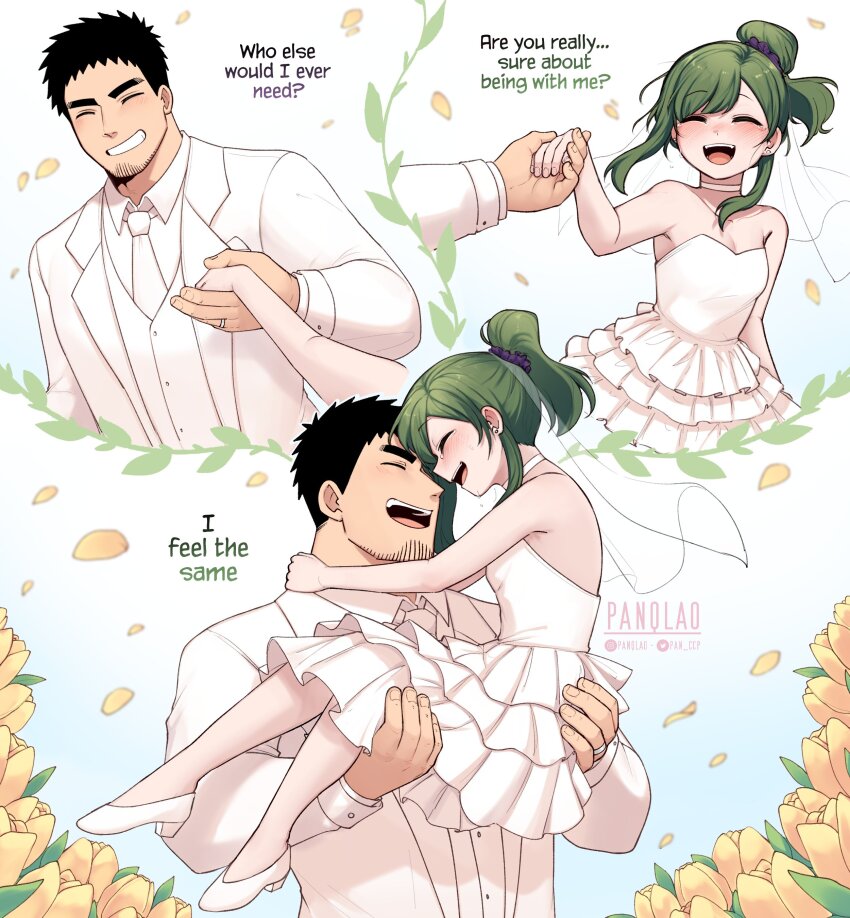 1boy, 1girl, absurdres, black_hair, blush, bridal_veil, bride, carrying