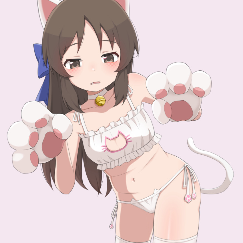 1girl, absurdres, alternate_costume, animal_ears, animal_hands, bell, bikini, blush, brown_hair, cat_cutout, cat_ears, cat_lingerie, cat_tail, choker, clothing_cutout, commentary_request, fang, frilled_bikini, frills, gloves, highres, idolmaster, idolmaster_cinderella_girls, loli, long_hair, mooramango, navel, neck_bell, paw_gloves, side-tie_bikini_bottom, simple_background, solo, stomach, straight_hair, swimsuit, tachibana_arisu, tail, thighhighs, very_long_hair, white_bikini, white_choker, white_thighhighs