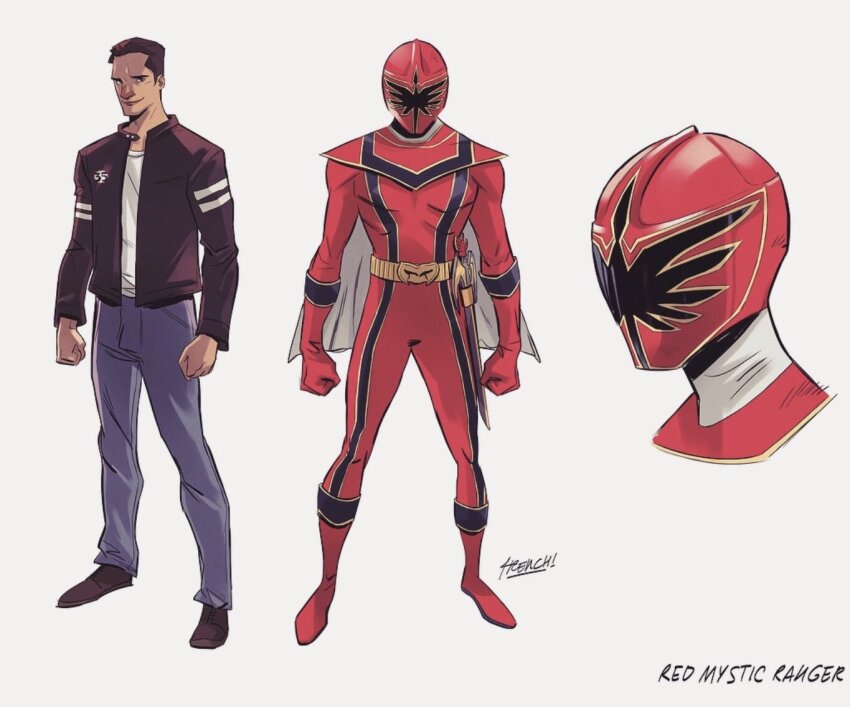 1boy, black_jacket, bodysuit, boots, brown_hair, brown_shoes, cape, character_name, clenched_hands, commentary, denim, english_commentary, french_carlomagno, gloves, gold_trim, grey_background, helmet, holstered, jacket, jeans, magired, magistick, mahou_sentai_magiranger, male_focus, nick_russell, pants, power_rangers, power_rangers_mystic_force, red_bodysuit, red_boots, red_gloves, red_helmet, red_mystic_ranger, shirt, shoes, signature, super_sentai, third-party_source, tokusatsu, white_shirt