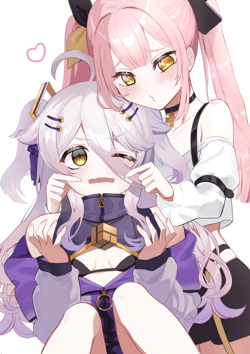 2girls, absurdres, ahoge, black_bra, black_choker, blush, bow, bra, breasts, cheek_pinching, choker, cleavage_cutout, clothing_cutout, gradient_hair, grey_hair, hair_between_eyes, hair_bow, hair_ornament, hairpin, heart, henya_the_genius, henya_the_genius_(1st_costume), highres, jacket, long_bangs, long_hair, long_sleeves, multicolored_hair, multiple_girls, nao_maid, one_eye_closed, open_mouth, pinching, pink_hair, purple_hair, purple_jacket, shirt, small_breasts, twintails, two_side_up, underwear, virtual_youtuber, vshojo, white_background, white_shirt, yellow_bow, yellow_eyes, yutori_peke, zipper_pull_tab