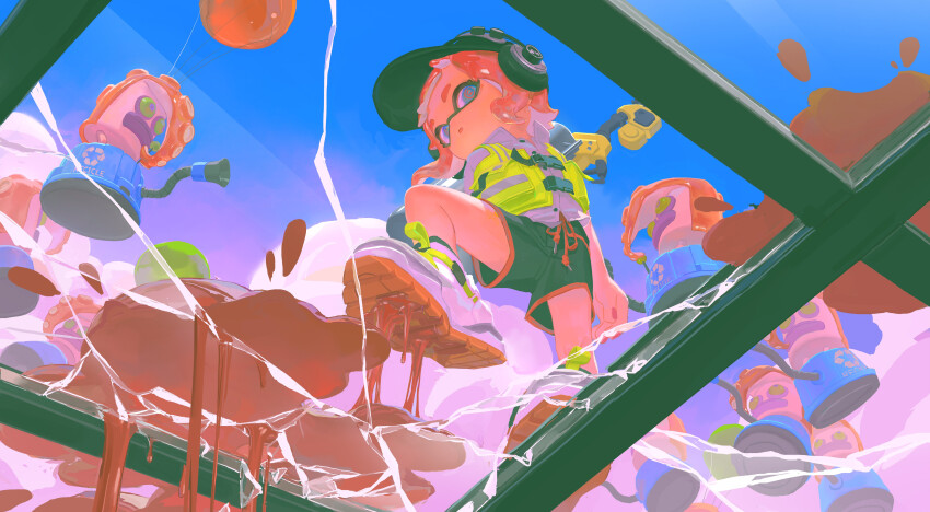 1girl, absurdres, arm_at_side, balloon, bare_legs, baseball_cap, black_hat, black_shorts