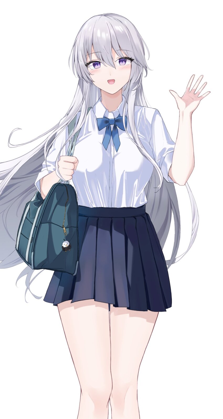 1girl, :d, alternate_costume, azur_lane, bag, bag_charm, bald_eagle, bird, bird_ornament, blue_bag, blue_eyes, blue_necktie, blue_skirt, breasts, charm_(object), collared_shirt, commentary_request, eagle, enterprise_(azur_lane), grim_(azur_lane), hair_between_eyes, hand_up, highres, large_breasts, long_hair, looking_at_viewer, necktie, open_mouth, pleated_skirt, rubisco, school_bag, school_uniform, shirt, shirt_tucked_in, shoulder_bag, simple_background, skirt, smile, solo, standing, thighs, waving, white_background, white_hair, zipper_pull_tab