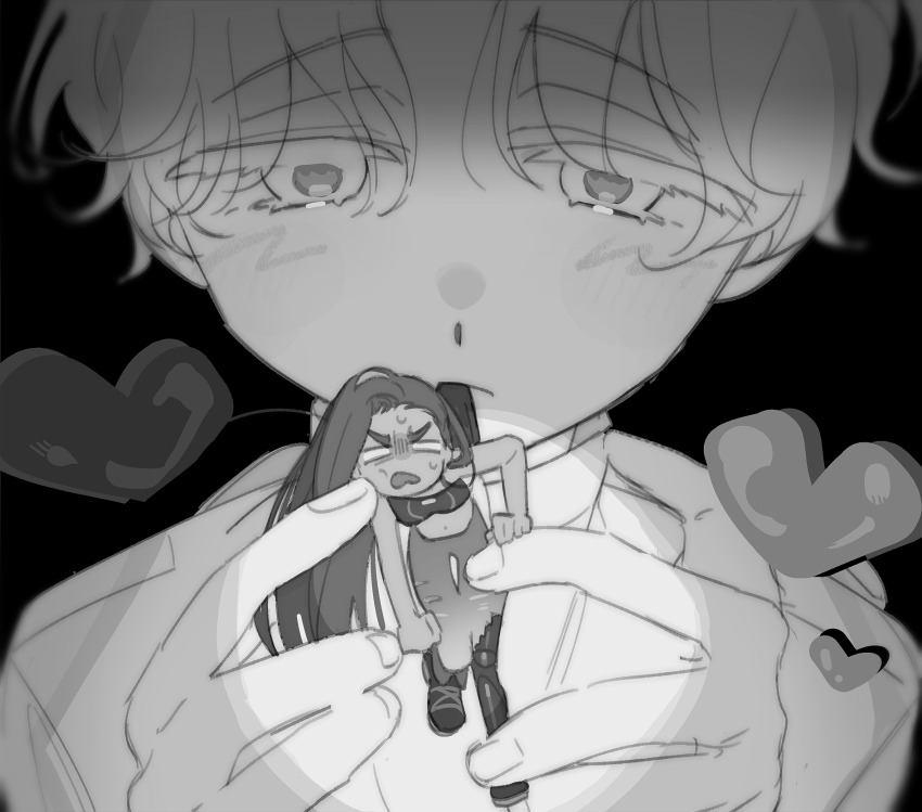 1boy, 1girl, 4okan23, alien_stage, blank_eyes, commentary_request, greyscale, heart, highres, holding, holding_mini_person, hyuna_(alien_stage), long_hair, luka_(alien_stage), mini_person, minigirl, monochrome, prosthesis, prosthetic_leg, short_hair, spotlight, very_long_hair, very_short_hair