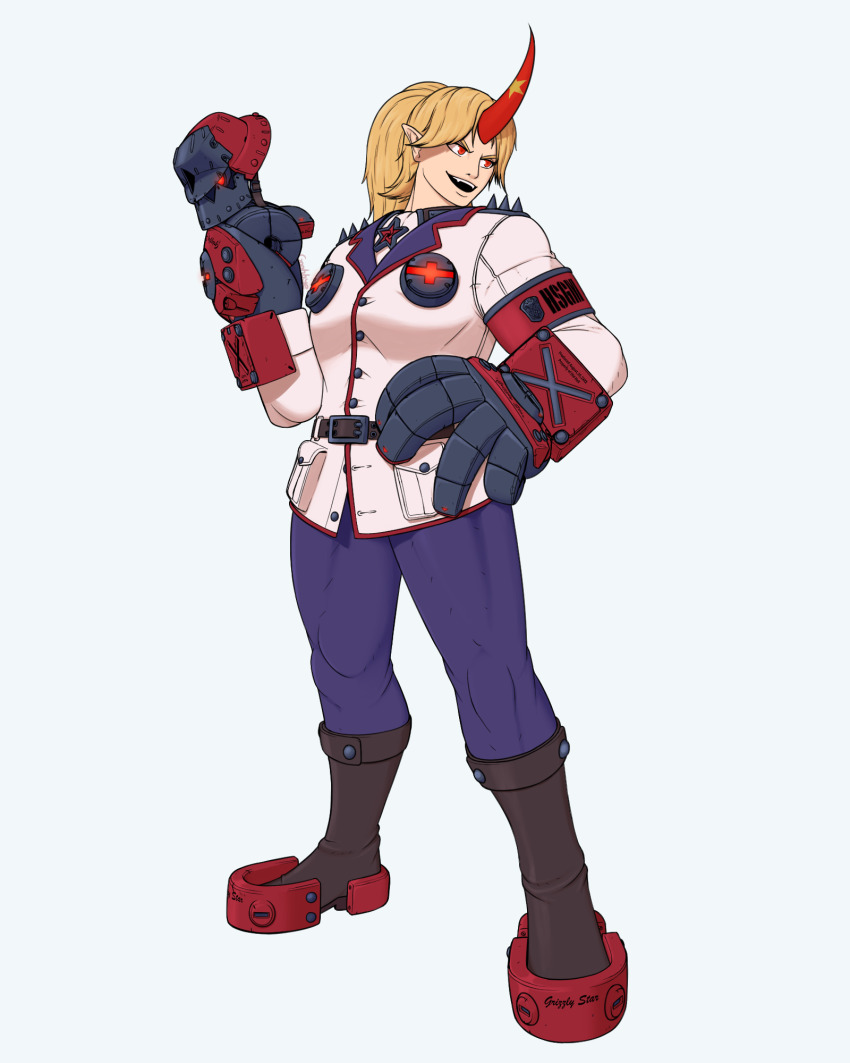 1girl, black_boots, blonde_hair, boots, coat, commentary, cosplay, english_commentary