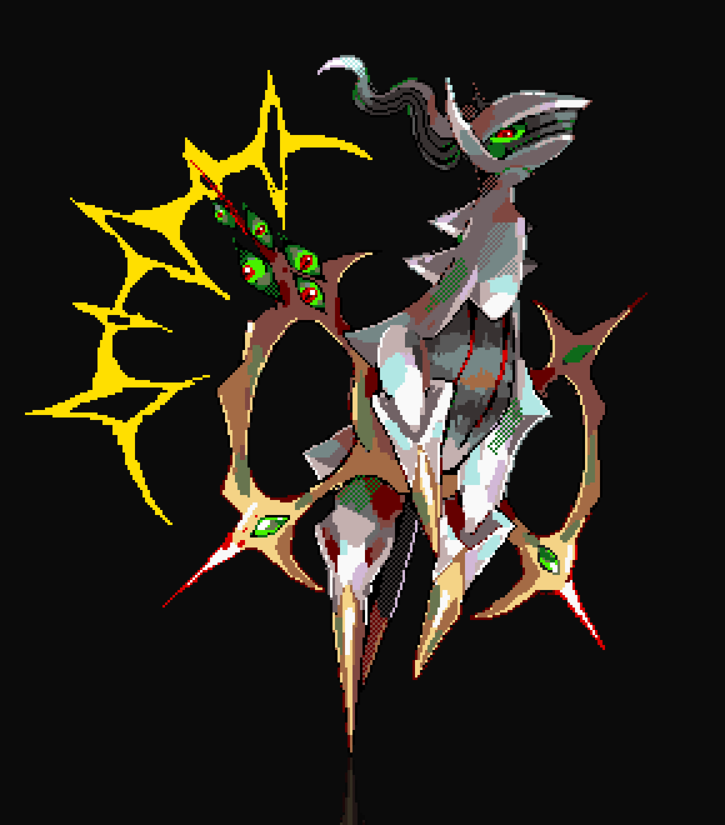 arceus, black_background, blood, colored_sclera, extra_eyes, full_body, gen_4_pokemon, gold