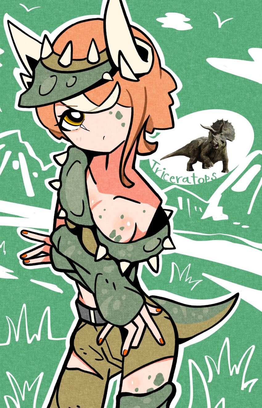 1girl, asymmetrical_pants, belt, black_belt, breasts, cleavage, cloud, collarbone, creature_and_personification, dinosaur_girl, dinosaur_horns, dinosaur_tail, fingernails, grass, green_pants, green_tail, green_thighhighs, highres, horns, medium_breasts, medium_hair, mountainous_horizon, multicolored_hair, nail_polish, orange_hair, orange_nails, original, pants, personification, reference_inset, rumford, scales, simple_bird, single_bare_shoulder, single_hair_streak, single_off_shoulder, single_thighhigh, streaked_hair, tail, thighhighs, triceratops, two-tone_hair, visor_cap, white_hair, white_horns, white_streaks, yellow_eyes