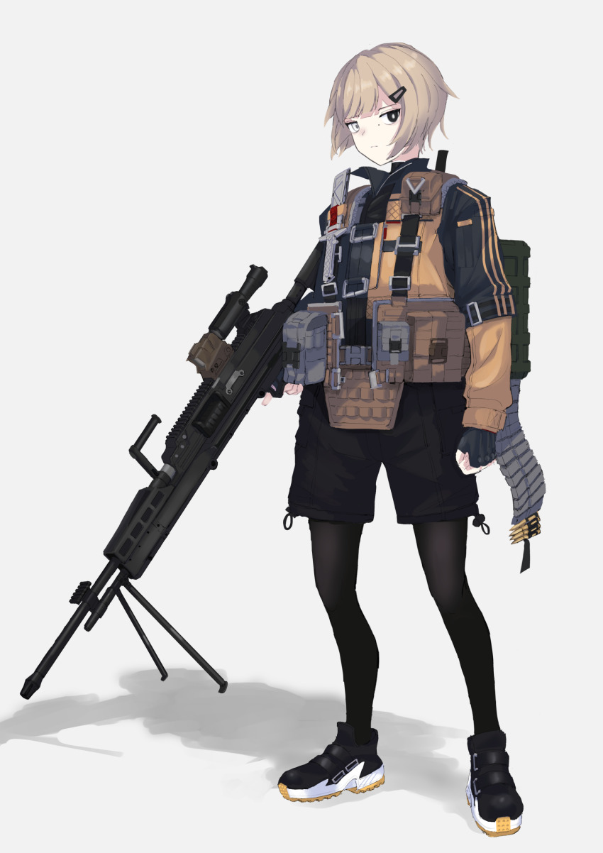 1girl, ammunition_belt, bipod, black_eyes, black_gloves, black_leggings, black_shorts, blonde_hair