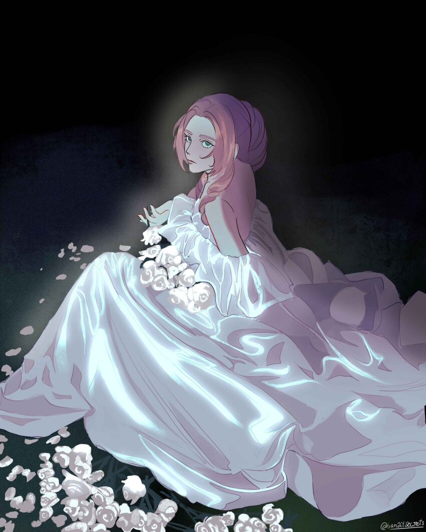 1girl, aerith_gainsborough, alternate_costume, banditsecrets, bare_shoulders, black_background, brown_hair, dress, final_fantasy, final_fantasy_vii, flower, frilled_dress, frills, green_eyes, highres, long_dress, long_hair, looking_at_viewer, off-shoulder_dress, off_shoulder, parted_bangs, rose, sidelocks, sitting, solo, strapless, strapless_dress, twitter_username, white_dress, white_flower, white_rose