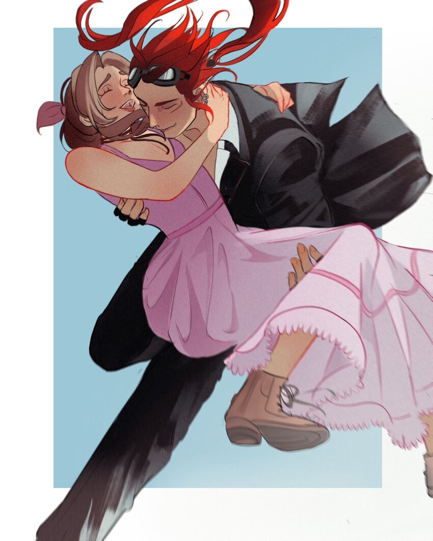 1boy, 1girl, aerith_gainsborough, arms_around_neck, banditsecrets, black_gloves, black_jacket, black_pants