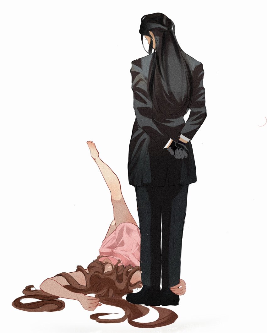 1boy, 1girl, aerith_gainsborough, arms_behind_back, banditsecrets, bare_arms, barefoot, black_gloves