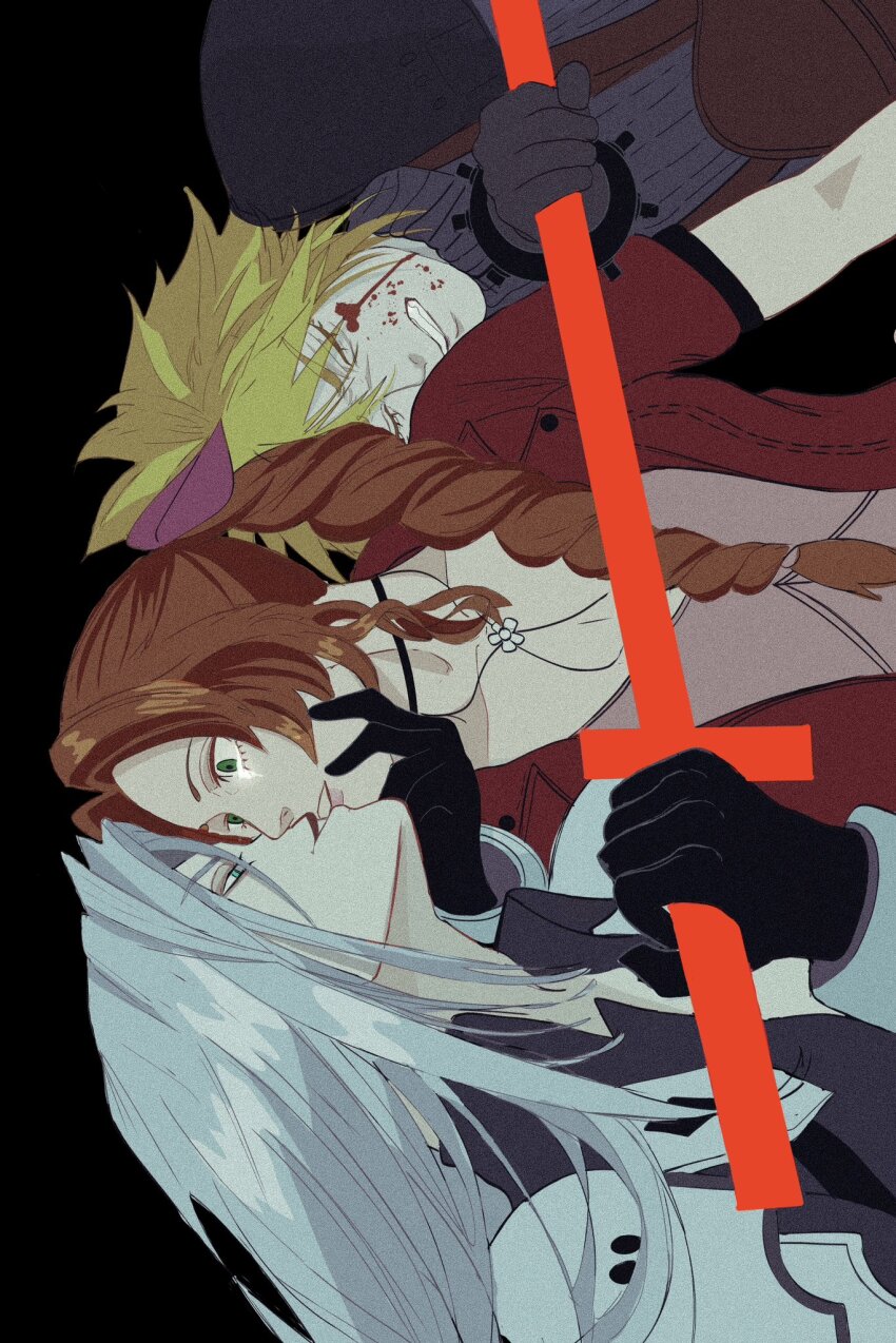 aerith_gainsborough, armor, banditsecrets, belt, black_background, black_coat, black_gloves, blonde_hair