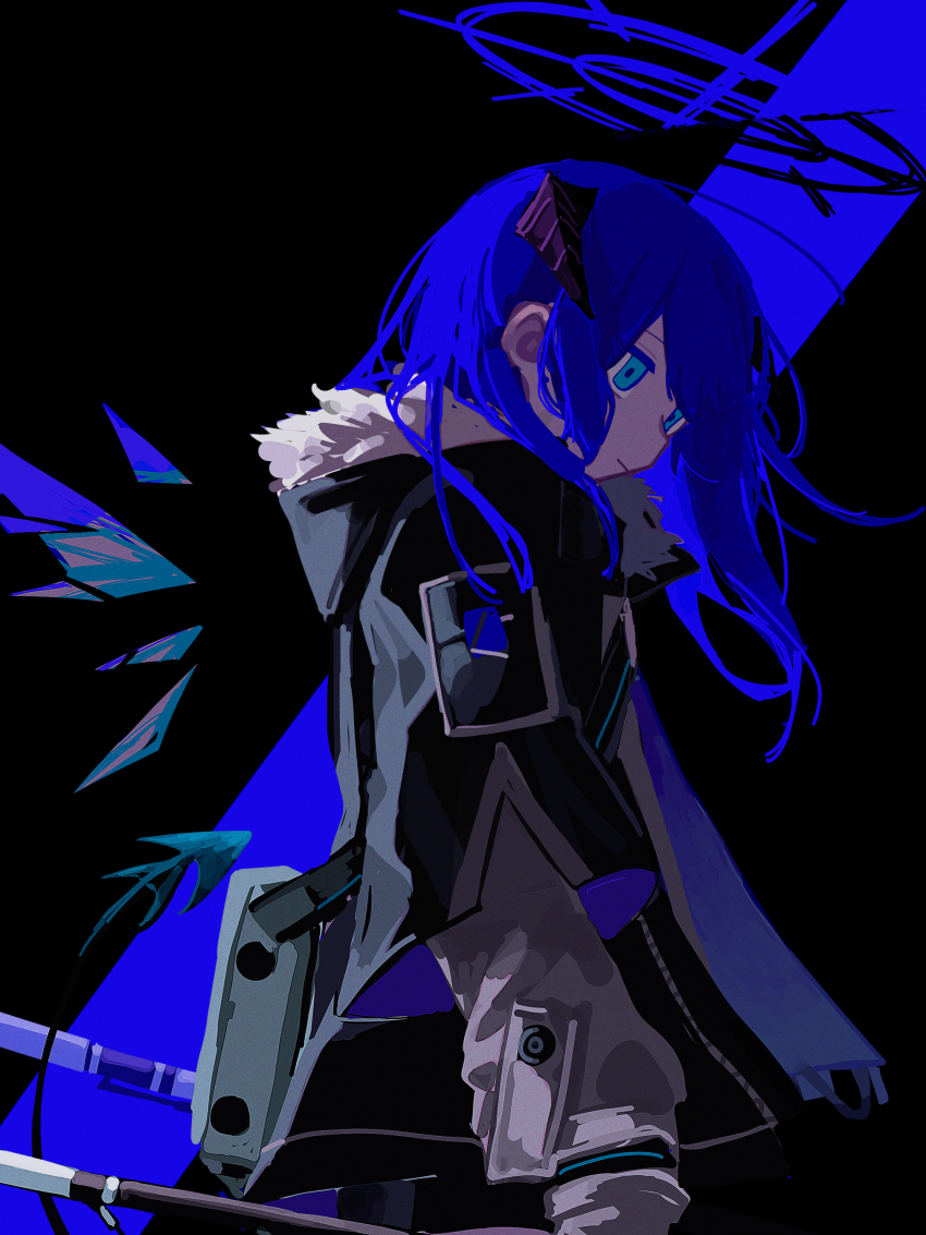 1girl, absurdres, arknights, black_background, black_jacket, blue_background, blue_eyes, blue_hair