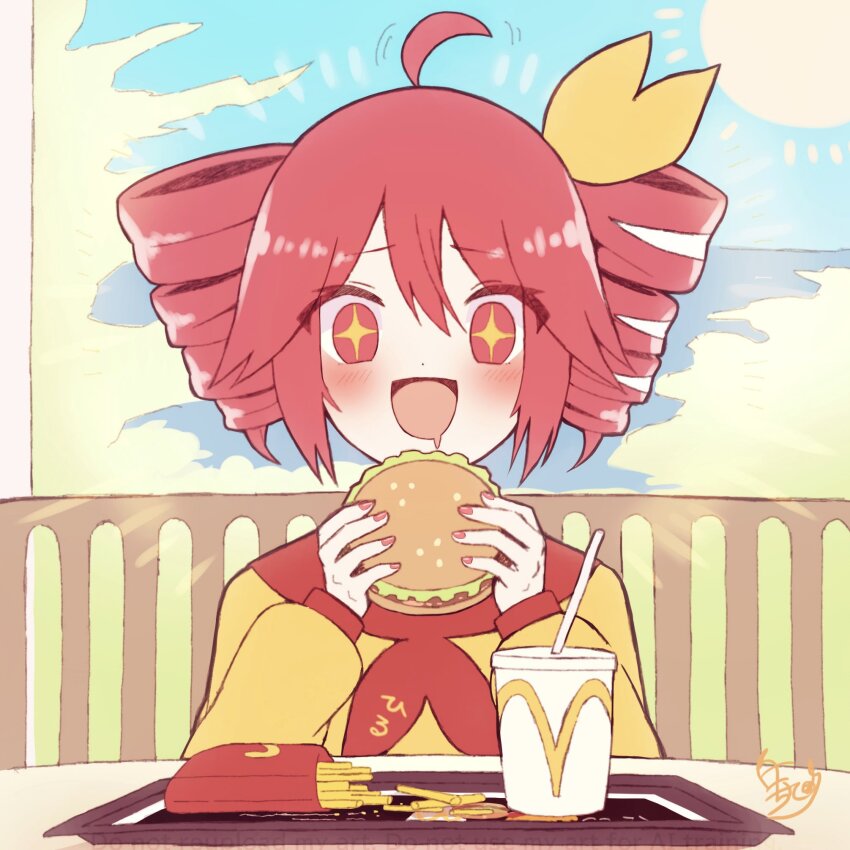+_+, 1girl, ahoge, blue_sky, blush, bow, burger, cloud