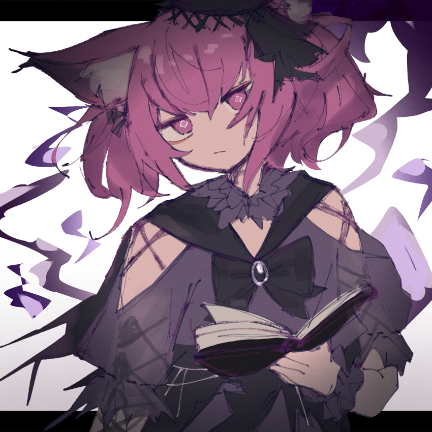 1girl, animal_ear_fluff, animal_ears, arknights, black_background, black_bow, black_bowtie, black_dress, book, bow, bowtie, clothing_cutout, coffee_toranpu, commentary_request, diamond-shaped_pupils, diamond_(shape), dress, fox_ears, fox_girl, frown, highres, letterboxed, looking_at_viewer, open_book, pink_eyes, pink_hair, shamare_(arknights), shamare_(echo_of_the_horrorlair)_(arknights), short_hair, shoulder_cutout, sidelocks, sketch, solo, symbol-shaped_pupils, torn_clothes, upper_body, white_background