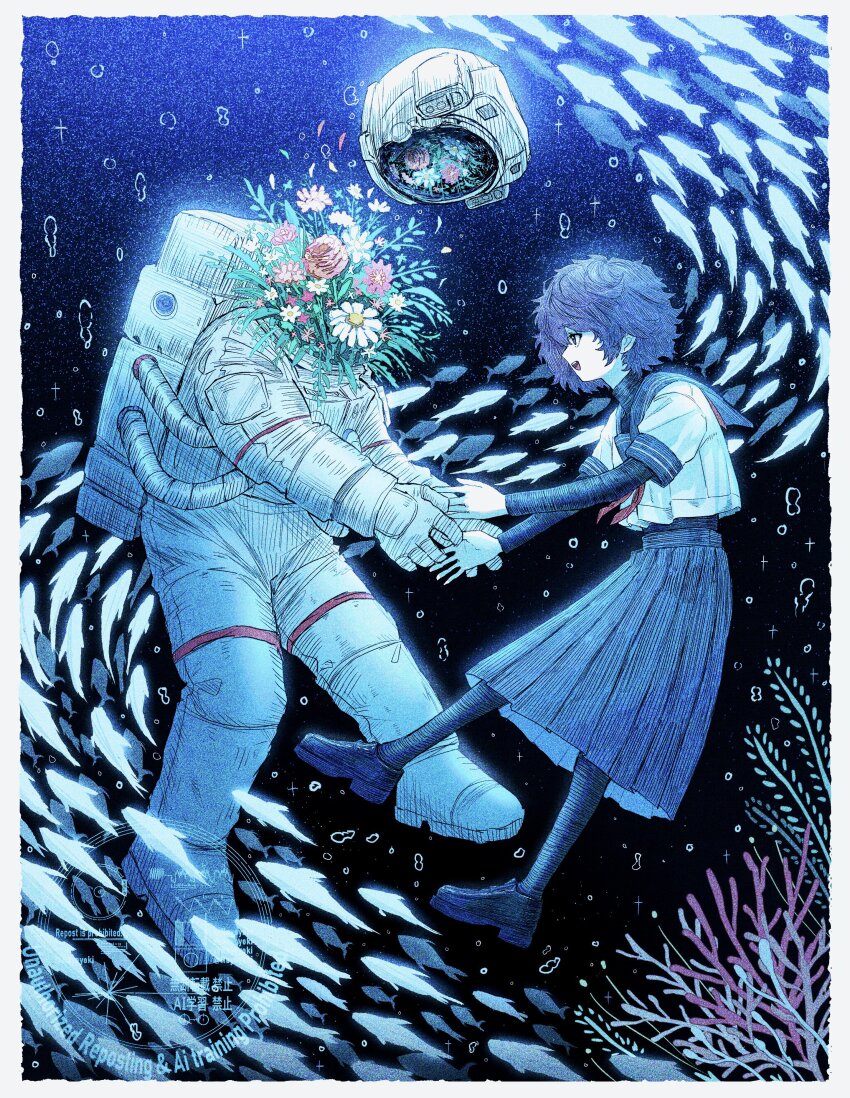 1girl, :d, absurdres, air_bubble, black_shoes, blue_hair, blue_sailor_collar, blue_skirt