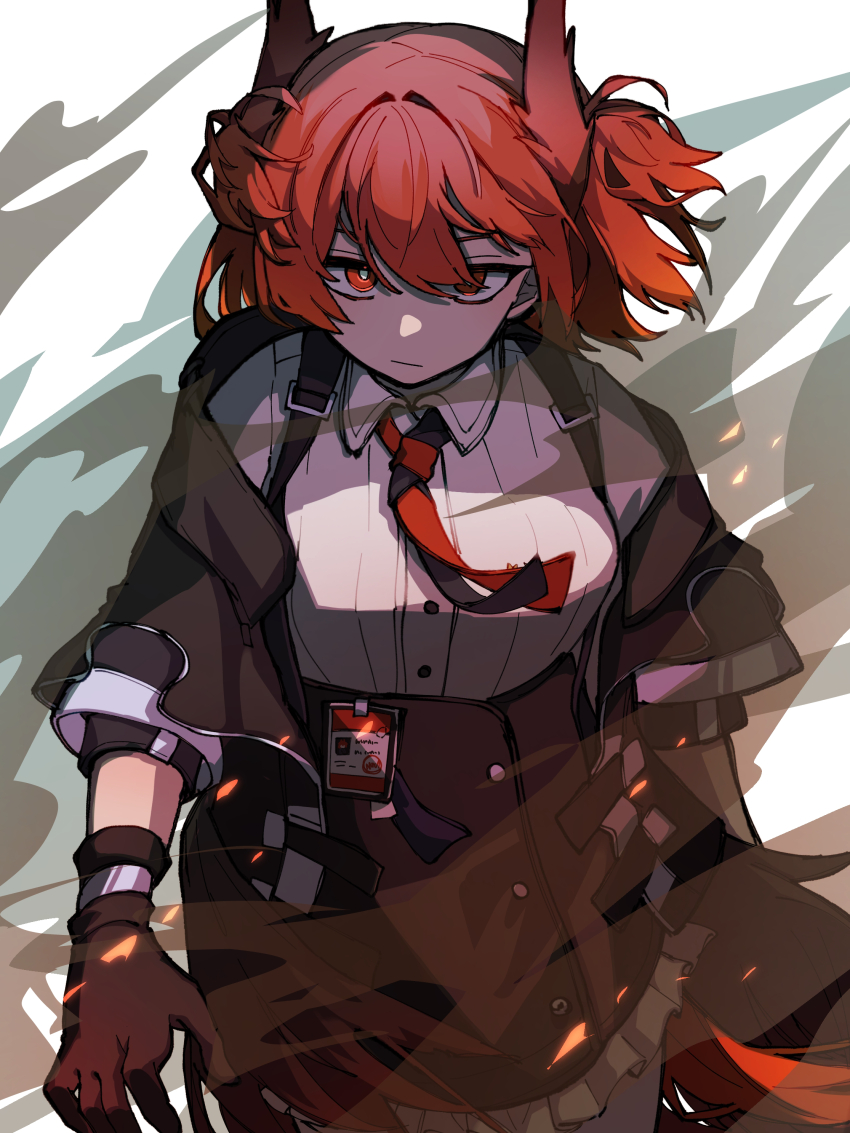 1girl, absurdres, angry, arknights, black_gloves, black_jacket, black_skirt, bright_pupils