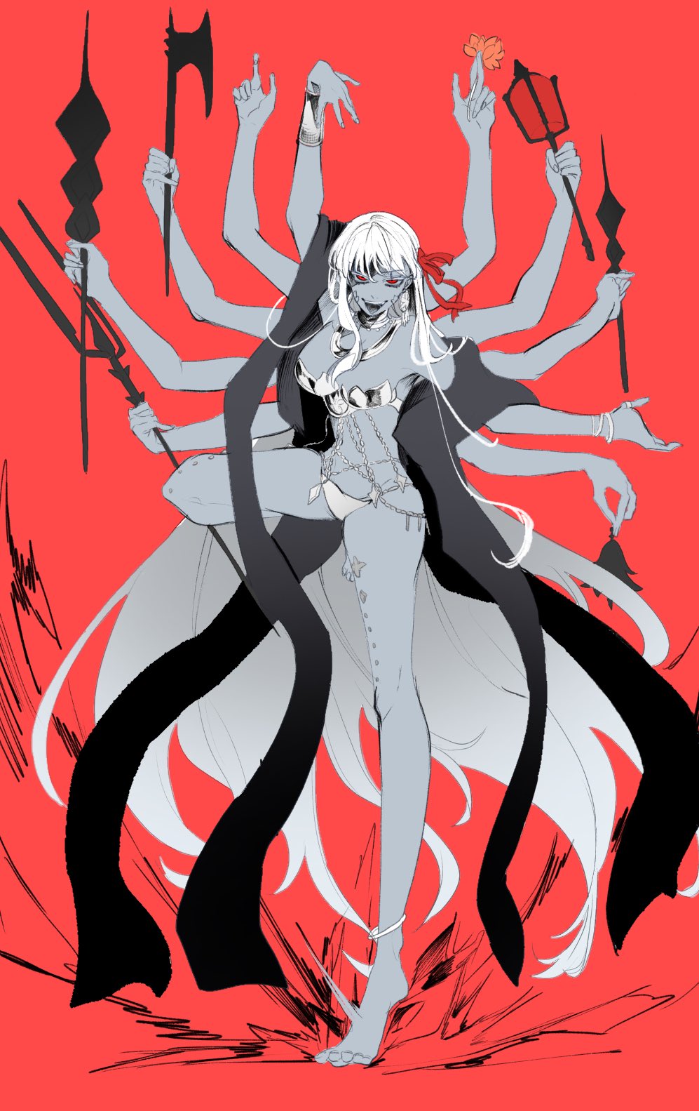 1girl, armor, bikini_armor, blue_skin, breasts, colored_skin, extra_arms, fate/grand_order