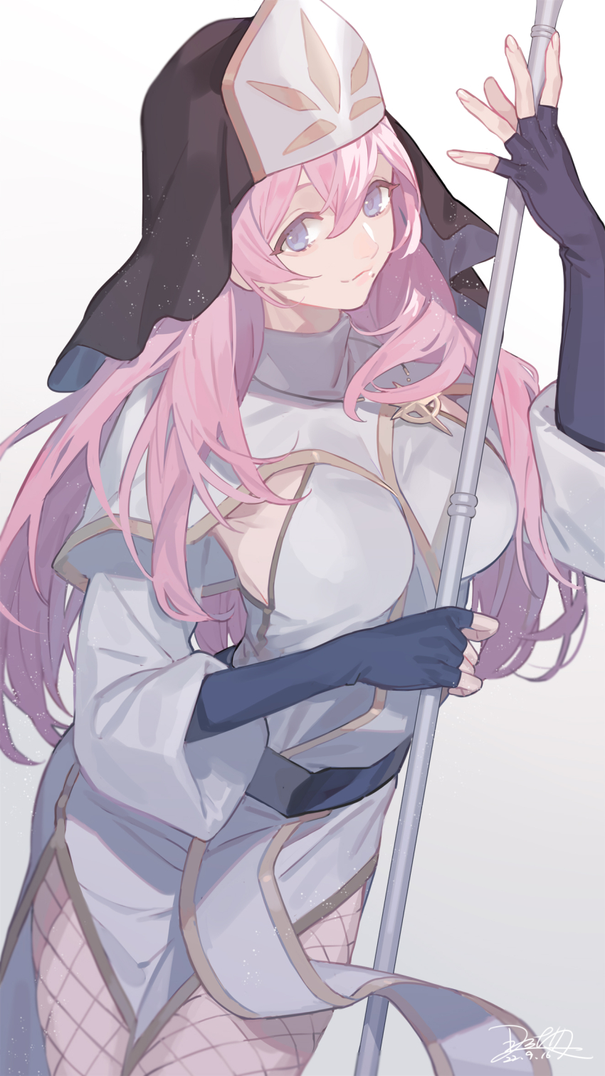 1girl, black_gloves, breasts, fingerless_gloves, fishnets, gloves, highres, holding