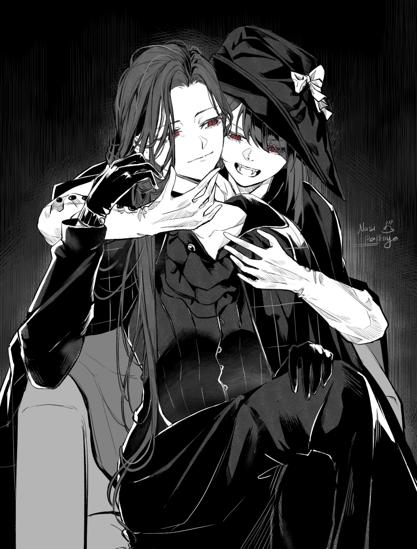 2girls, absurdres, arm_around_shoulder, artist_name, ascot, black_background, cape, commission