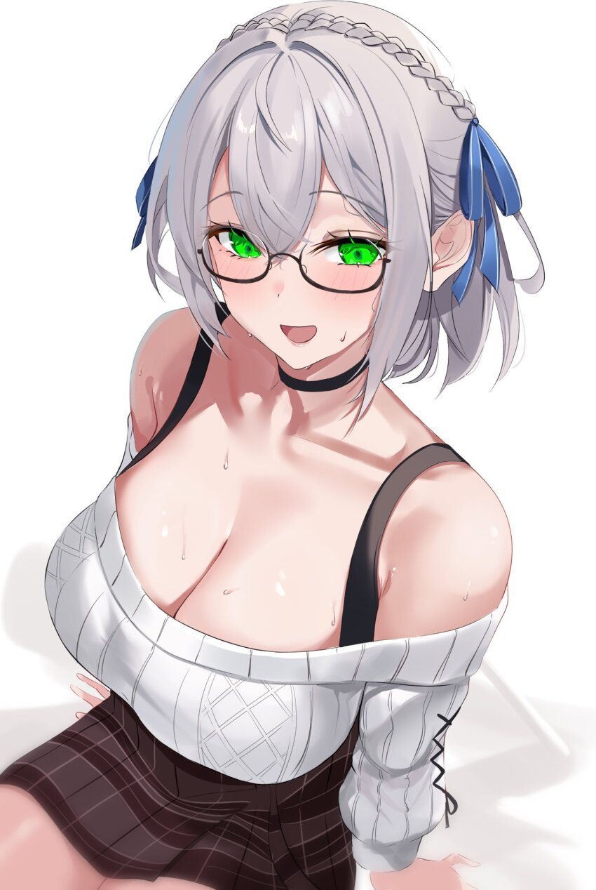 1girl, black_choker, braid, breasts, choker, green_eyes, grey_hair, highres