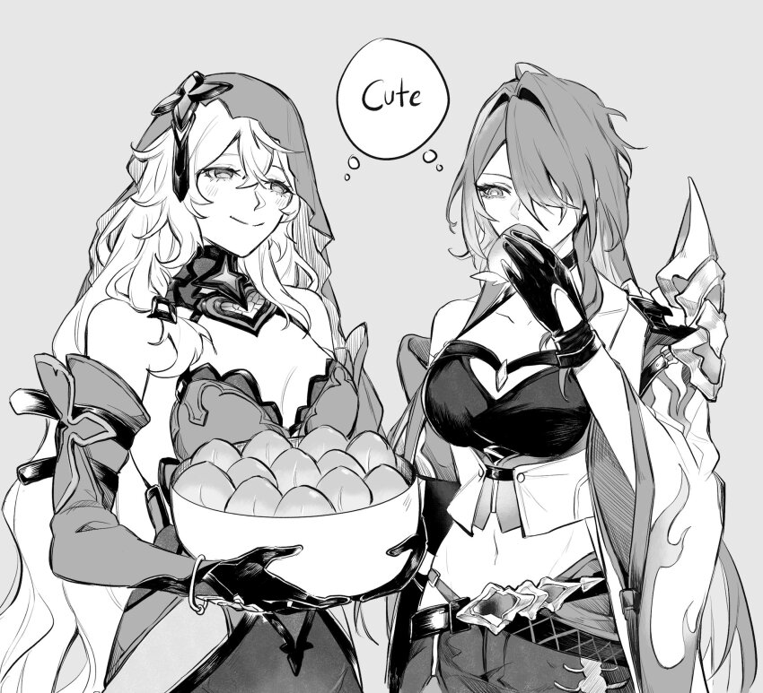 2girls, acheron_(honkai:_star_rail), bare_shoulders, black_swan_(honkai:_star_rail), bowl, breasts, closed_mouth, commission