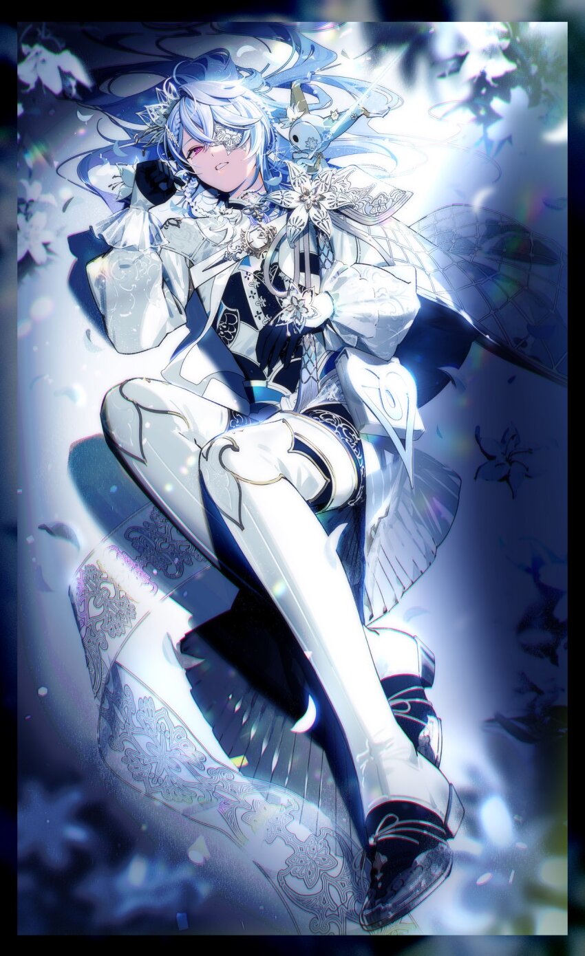 1boy, androgynous, blue_hair, boutonniere, braid, brooch, commentary, creature, crossed_bangs, eyepatch, flower, full_body, gloves, hair_between_eyes, hair_flower, hair_ornament, hair_spread_out, half_gloves, hand_up, hashtag-only_commentary, highres, holding_baton, holostars, holostars_english, jewelry, kazari_tayu, long_hair, long_sleeves, looking_at_viewer, lying, male_focus, octavio, octavio_(2nd_costume), official_alternate_costume, on_back, parted_lips, petals, pink_eyes, poppet_(octavio), side_braids, solo, wrist_flower