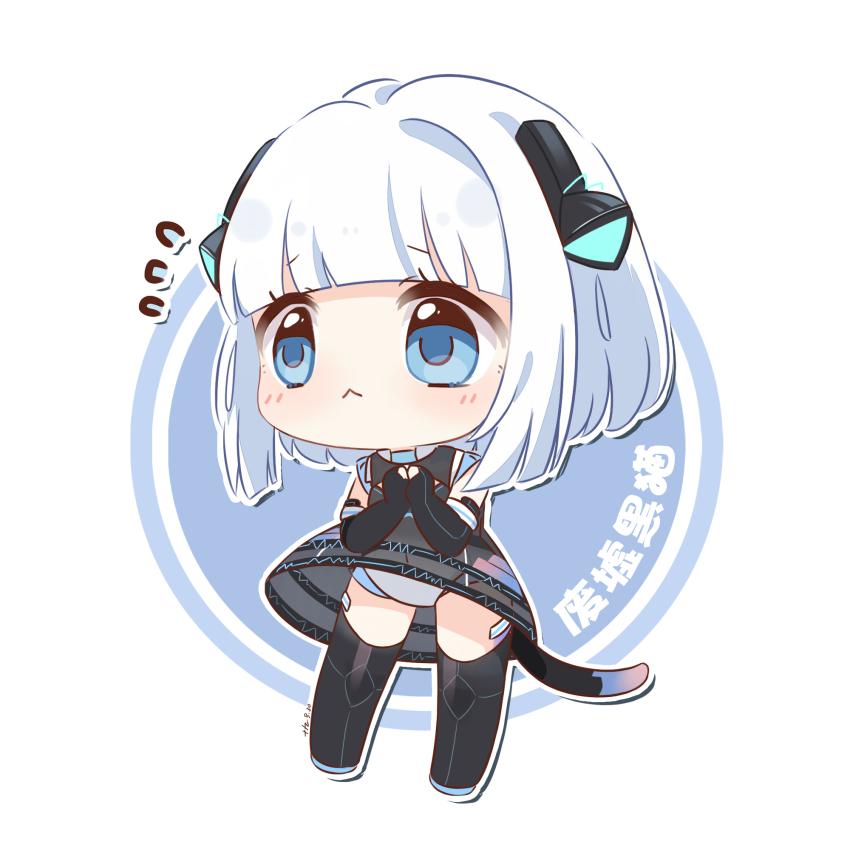 1girl, :<, armlet, bare_shoulders, black_boots, black_dress, black_gloves, blue_eyes, blunt_bangs, blunt_ends, bob_cut, boots, cat_tail, chibi, chinese_commentary, chinese_text, circle, closed_mouth, collared_dress, commentary_request, dress, elbow_gloves, eyelashes, fingerless_gloves, flying_sweatdrops, frown, gloves, hair_ornament, highres, jewelry, kexi_shi_ge_hentai, leotard, light_blush, looking_ahead, miracle_nikki, nikki_(series), ruins_&amp;_black_cat_(miracle_nikki), science_fiction, short_dress, sleeveless, sleeveless_dress, solo, standing, tail, tareme, thigh_boots, translation_request, upskirt, white_background, white_hair, white_leotard