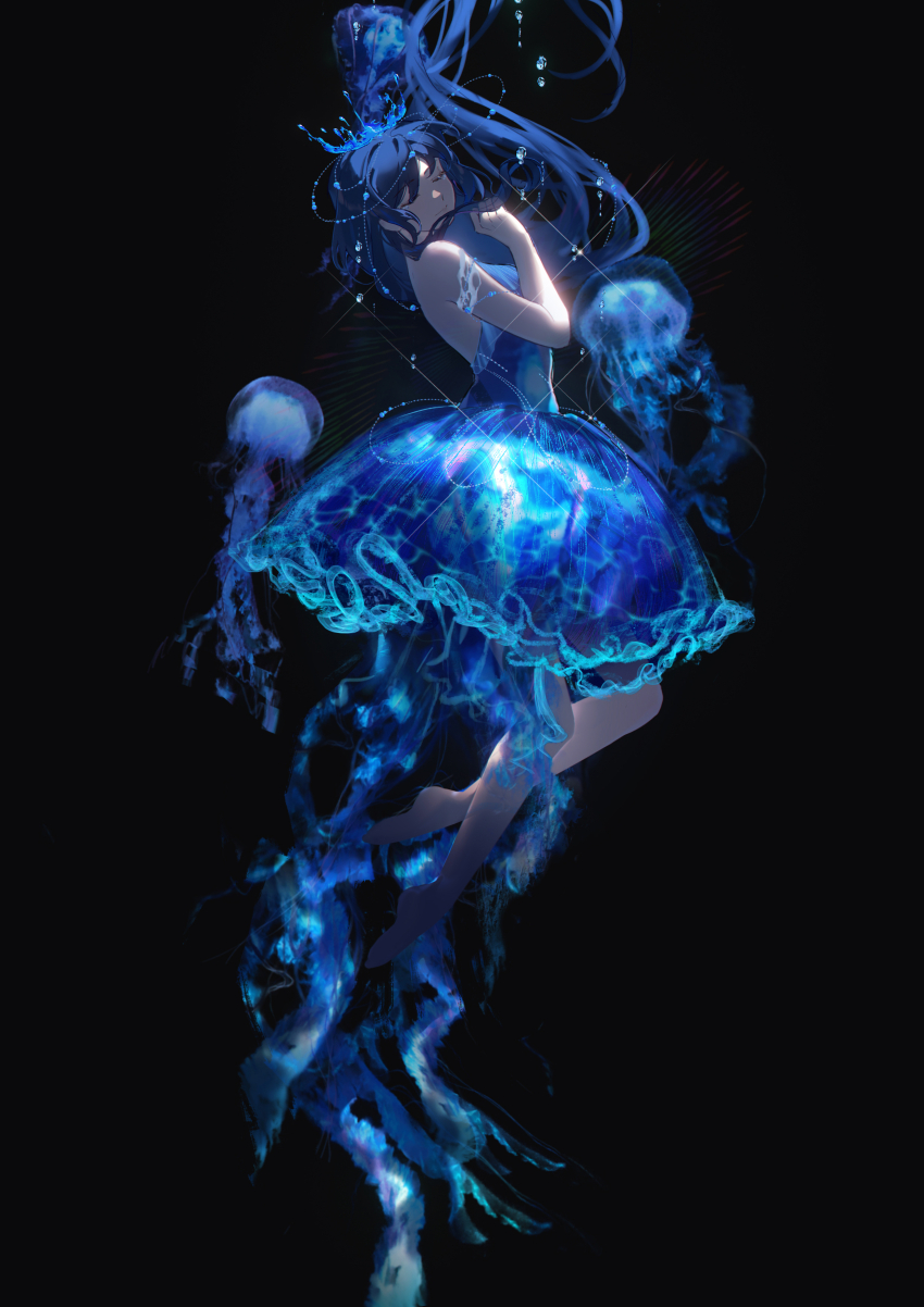 1girl, absurdres, armlet, bare_arms, bare_shoulders, black_background, black_bow, blue_crown