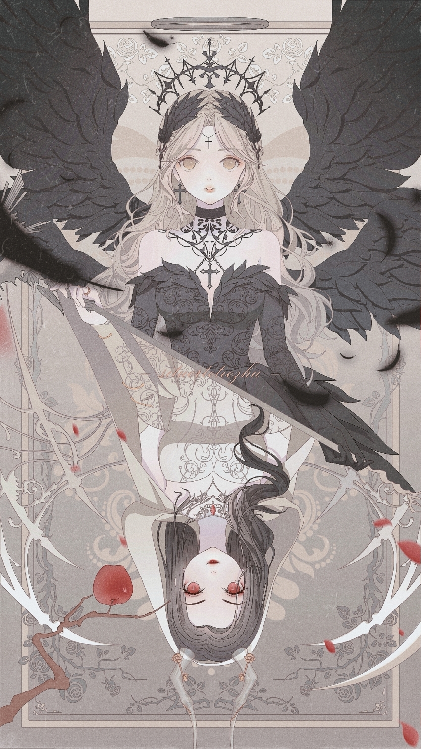 2girls, a_gloomy_start_(shining_nikki), angel, angel_and_devil, angel_wings, apple, bare_shoulders, black_collar, black_crown, black_dress, black_hair, black_wings, blonde_hair, branch, brown_eyes, card_(medium), chinese_commentary, circlet, closed_mouth, collar, commentary_request, cross, cross_necklace, crown, demon_girl, demon_horns, demon_wings, detached_collar, detached_sleeves, dress, dustless_feathers_(shining_nikki), feather-trimmed_dress, feather_hair_ornament, feathered_wings, feathers, flower_knot, food, fruit, gown, grey_background, grey_halo, grey_horns, hair_ornament, hair_over_shoulder, halo, highres, holding, holding_scythe, horn_ornament, horn_ribbon, horns, jewelry, lace_collar, lips, lipstick, long_dress, long_hair, long_sleeves, looking_at_viewer, makeup, multiple_girls, multiple_wings, necklace, nikki_(series), off-shoulder_dress, off_shoulder, outside_border, parted_bangs, parted_lips, petals, pink_lips, red_eyes, red_lips, red_ribbon, ribbon, rose_petals, scythe, shining_nikki, situ'erte_tiezhu, skeletal_wings, split_theme, straight-on, strapless, strapless_dress, teeth, traditional_halo, upper_body, upper_teeth_only, upside-down, veil, very_long_hair, wavy_hair, white_dress, white_sleeves, white_veil, white_wings, wings