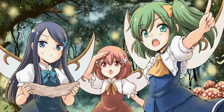 3girls, ascot, blue_bow, blue_bowtie, blue_dress, blue_eyes, blue_hair, blue_skirt